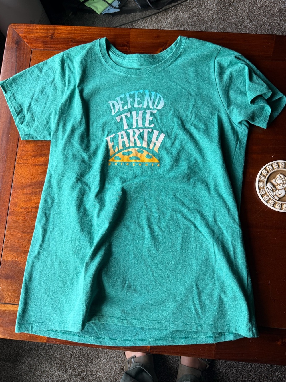 Patagonia Teal 'Defend The Earth' Short Sleeve Tee with Yellow Graphic